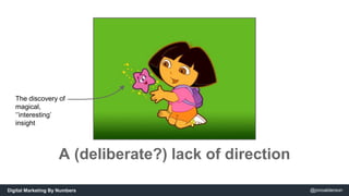 The discovery of 
magical, 
‘’interesting’ 
insight 
A (deliberate?) lack of direction 
Digital Marketing By Numbers @jono...