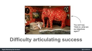 You can’t say 
“Hold on, what are 
our objectives 
again?” 
Difficulty articulating success 
Digital Marketing By Numbers ...