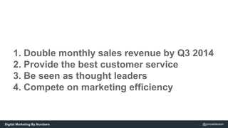 1. Double monthly sales revenue by Q3 2014 
2. Provide the best customer service 
3. Be seen as thought leaders 
4. Compet...