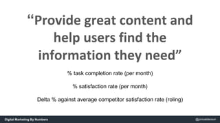 “Provide great content and 
help users find the 
information they need” 
% task completion rate (per month) 
% satisfactio...