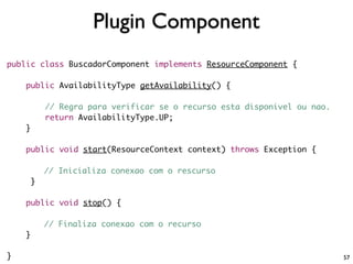 Plugin Component
public class BuscadorComponent implements ResourceComponent {

    public AvailabilityType getAvailability() {

         // Regra para verificar se o recurso esta disponivel ou nao.
         return AvailabilityType.UP;
    }

    public void start(ResourceContext context) throws Exception {

         // Inicializa conexao com o rescurso
     }

    public void stop() {

         // Finaliza conexao com o recurso
    }

}                                                                       57
 