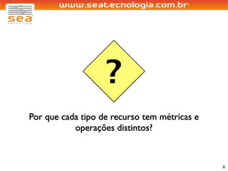 ?
Por que cada tipo de recurso tem métricas e
           operações distintos?



                                              8
 
