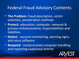 Federal Fraud Advisory Contents
  • The Problem: fraud description, victim
    selection, perpetration methods
  • Protect: education; computer, network &
    process enhancements; responsibilities and
    liabilities
  • Detect: account monitoring, warning signs,
    anti-virus software
  • Respond: compromised computer handling
    and reporting suspicious activity

Source: FBI "Fraud Advisory for Businesses: Corporate Account Take Over” dated 10/20/10   4
 