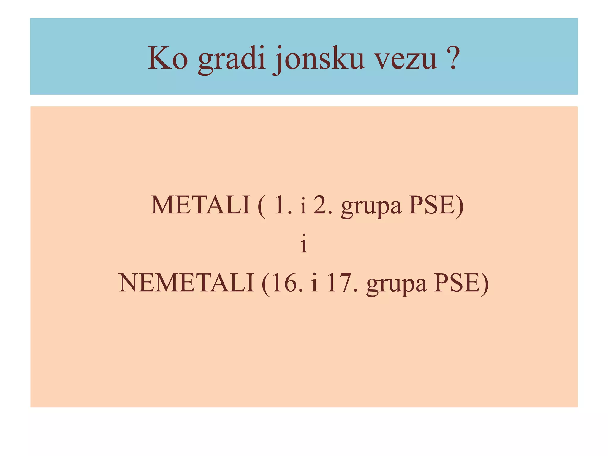 Ko gradi jonsku vezu ?

METALI ( 1. i 2. grupa PSE)
i
NEMETALI (16. i 17. grupa PSE)

 
