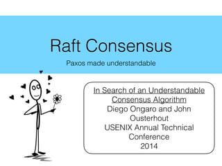Raft Consensus
Paxos made understandable
In Search of an Understandable
Consensus Algorithm
Diego Ongaro and John
Ousterhout
USENIX Annual Technical
Conference
2014
 
