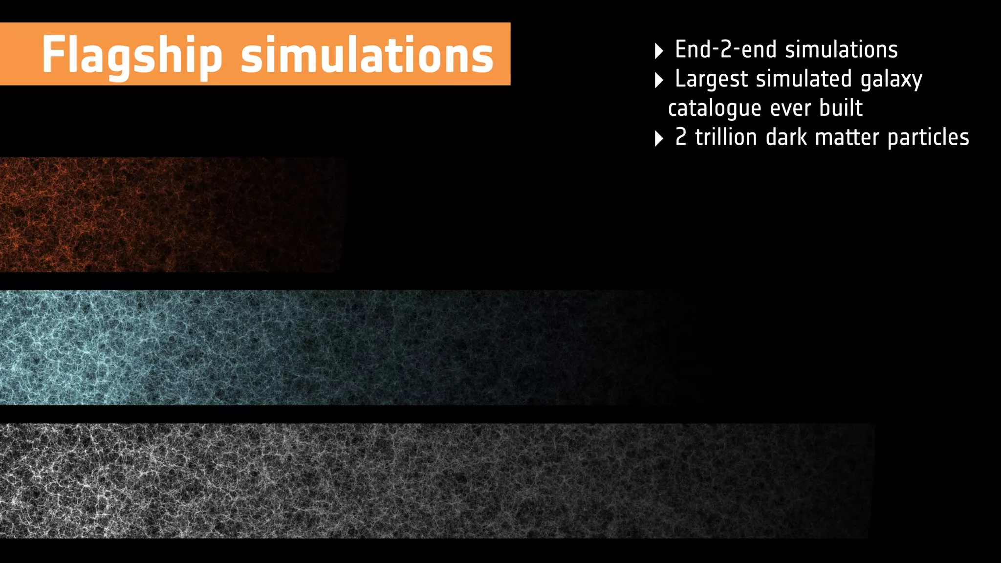 Flagship simulations ‣ End-2-end simulations
‣ Largest simulated galaxy
catalogue ever built
‣ 2 trillion dark matter particles
 