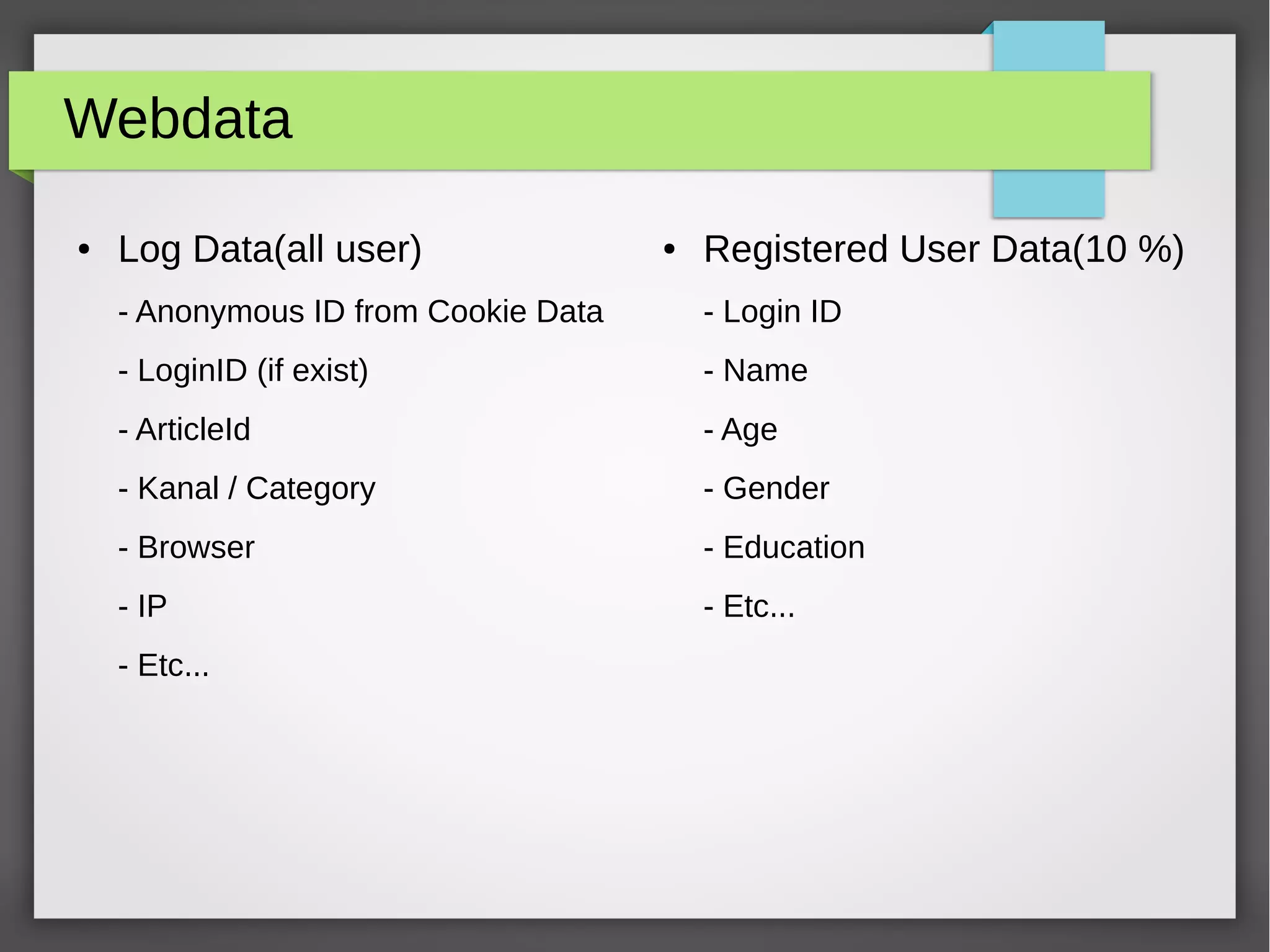 Webdata
● Log Data(all user)
- Anonymous ID from Cookie Data
- LoginID (if exist)
- ArticleId
- Kanal / Category
- Browser
- IP
- Etc...
● Registered User Data(10 %)
- Login ID
- Name
- Age
- Gender
- Education
- Etc...
 