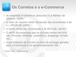 Os Correios e o e-Commerce

• As empresas e-commerce postaram 31,6 Milhões de
  objetos; (2009) *
• O valor do tíquete médio declarado das encomendas é de
  (+-) R$335,00 (2009) *
• A tarifa média por encomenda é de R$15,00; (2010) *
• O perfil das empresas que se utilizam nossos serviços
  são: livrarias, editoras, cosméticos, shoppings virtuais
  etc...
• A participação do Correio no total de entregas geradas
  pelo e-Commerce é de aproximadamente 34%.

* Fonte: e-bit - Webshoppers
 