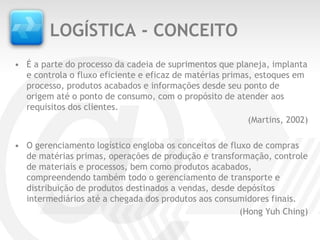 LOGÍSTICA - CONCEITO
• É a parte do processo da cadeia de suprimentos que planeja, implanta
  e controla o fluxo eficiente e eficaz de matérias primas, estoques em
  processo, produtos acabados e informações desde seu ponto de
  origem até o ponto de consumo, com o propósito de atender aos
  requisitos dos clientes.
                                                          (Martins, 2002)

• O gerenciamento logístico engloba os conceitos de fluxo de compras
  de matérias primas, operações de produção e transformação, controle
  de materiais e processos, bem como produtos acabados,
  compreendendo também todo o gerenciamento de transporte e
  distribuição de produtos destinados a vendas, desde depósitos
  intermediários até a chegada dos produtos aos consumidores finais.
                                                       (Hong Yuh Ching)
 