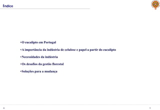 JL 3
Índice
•A importância da indústria de celulose e papel a partir do eucalipto
•Os desafios da gestão florestal
•Soluções para a mudança
•O eucalipto em Portugal
•Necessidades da indústria
 