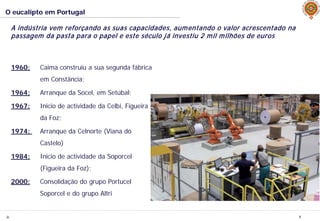 JL 5
O eucalipto em Portugal
A indústria vem reforçando as suas capacidades, aumentando o valor acrescentado na
passagem da pasta para o papel e este século já investiu 2 mil milhões de euros
1960: Caima construiu a sua segunda fábrica
em Constância;
1964: Arranque da Socel, em Setúbal;
1967: Inicio de actividade da Celbi, Figueira
da Foz;
1974: Arranque da Celnorte (Viana do
Castelo)
1984: Inicio de actividade da Soporcel
(Figueira da Foz);
2000: Consolidação do grupo Portucel
Soporcel e do grupo Altri
 