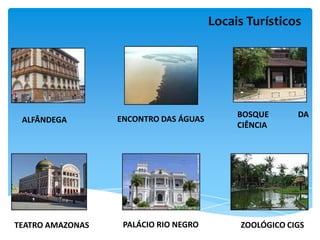 Locais Turísticos




                                            BOSQUE      DA
 ALFÂNDEGA        ENCONTRO DAS ÁGUAS
                                            CIÊNCIA




TEATRO AMAZONAS    PALÁCIO RIO NEGRO        ZOOLÓGICO CIGS
 