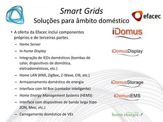 Smart Grids
             Soluções para âmbito doméstico
• A oferta da Efacec inclui componentes
  próprios e de terceiras partes
  – Home Server
  – In-home Display
  – Integração de IEDs domésticos (bombas de
    calor, dispositivos de domótica,
    eletrodomésticos, etc.)
  – Home LAN (KNX, ZigBee, Z-Wave, EIB, etc.)
  – Armazenamento doméstico de energia
  – Interface com M Box (contador inteligente)
  – Home Energy Management Systems (HEMS)
  – Interface com dispositivos de banda larga (tipo
    ZON, Meo, etc.)
  – Carregamento doméstico de VEs
 