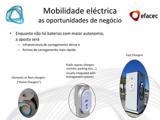 Mobilidade eléctrica
                     as oportunidades de negócio
• Enquanto não há baterias com maior autonomia,
  a aposta será
     – infraestrutura de carregamento densa e
     – formas de carregamento mais rápido
                                                                Fast Chargers


                                    Public spaces chargers
                                    (streets, parking lots,…)
                                    Usually integrated with
 Domestic or fleet chargers         management systems
    (“Home Chargers”)
 
