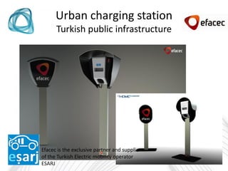 Urban charging station
      Turkish public infrastructure




Efacec is the exclusive partner and supplier
of the Turkish Electric mobility operator
ESARJ
 