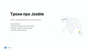 Jooble
Трохи про Jooble
Jooble - це міжнародний агрегатор із пошуку роботи
69 країн 24 мови
40 200 000+ вакансій зі 170 000+ джерел
2 100 000+ унікальних запитів на день
1 200 000+ organic visits/day
 
