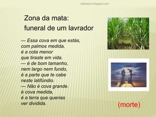 rafabebum.blogspot.com 
Zona da mata: 
funeral de um lavrador 
— Essa cova em que estás, 
com palmos medida, 
é a cota menor 
que tiraste em vida. 
— é de bom tamanho, 
nem largo nem fundo, 
é a parte que te cabe 
neste latifúndio. 
— Não é cova grande. 
é cova medida, 
é a terra que querias 
ver dividida. (morte) 
 