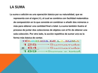LA SUMA
La suma o adición es una operación básica por su naturalidad, que se
representa con el signo (+), el cual se combi...