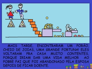 MAIS TARDE, ENCONTRARAM UM PORÃO,
CHEIO DE JOIAS, UMA GRANDE FORTUNA! ELES
VOLTARAM PRA CASA MUITO CONTENTES,
PORQUE IRIAM DAR UMA VIDA MELHOR AO
POBRE PAI QUE FOI ABANDONADO PELA ESPOSA
DEPOIS DE FICAR DOENTE.
 