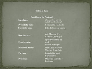 Sidónio Pais Presidente de Portugal Mandato: 28 de Abril de 1918 até 14 de Dezembro de 1918 Precedido por: Bernardino Machado Sucedido por: João do Canto e Castro Nascimento: 1 de Maio de 1872 Caminha, Portugal Falecimento: 14 de Dezembro de 1918 Lisboa, Portugal Primeira-dama: Maria dos Prazeres Martins Bessa Pais Partido: Partido Nacional Republicano Profissão: Major do Exército e Professor 
