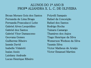 ALUNOS DO 1º ANO B
PROFª ALIANDRA X. L. C. DE OLIVEIRA
Bryan Moraes Gois dos Santos
Fernanda de Lima Braga
Fernanda Francalacci Leite
Gabriel Alves Leopoldino
Gabriel dos Santos
Gabriel Vitor Damasceno
Geovana Gomes
Guilherme Ribeiro
Iasmin David
Isabelle Vidaletti
Isaias Assis
Laislany Andrade
Lucas Henrique Ribeiro
Polyelli Sampaio
Rafael da Conceição
Rafael dos Santos
Rodrigo Rocha
Tainara Camargo
Thamires dos Anjos
Tiago Henrique da Silva
Wemerson Wedson da Silva
Yasmin Silva
Victor Matheus de Araújo
Victor Emanuel Martins
 