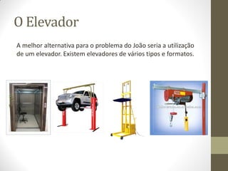 O Elevador
A melhor alternativa para o problema do João seria a utilização
de um elevador. Existem elevadores de vários tipos e formatos.
 