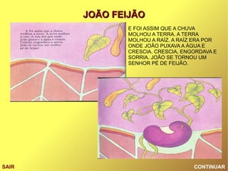 CONTINUAR SAIR E FOI ASSIM QUE A CHUVA MOLHOU A TERRA. A TERRA MOLHOU A RAÍZ. A RAÍZ ERA POR ONDE JOÃO PUXAVA A ÁGUA E CRESCIA. CRESCIA, ENGORDAVA E SORRIA. JOÃO SE TORNOU UM SENHOR PÉ DE FEIJÃO. 