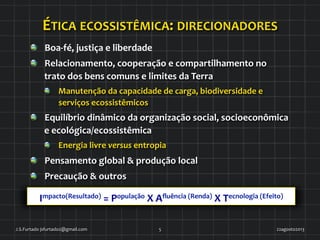 !   Boa-­‐fé,	
  justiça	
  e	
  liberdade	
  
!   Relacionamento,	
  cooperação	
  e	
  compartilhamento	
  no	
  
trato	
  dos	
  bens	
  comuns	
  e	
  limites	
  da	
  Terra	
  	
  
!   Manutenção	
  da	
  capacidade	
  de	
  carga,	
  biodiversidade	
  e	
  
serviços	
  ecossistêmicos	
  
!   Equilíbrio	
  dinâmico	
  da	
  organização	
  social,	
  socioeconômica	
  
e	
  ecológica/ecossistêmica	
  
!   Energia	
  livre	
  versus	
  entropia	
  
!   Pensamento	
  global	
  &	
  produção	
  local	
  
!   Precaução	
  &	
  outros	
  
Impacto(Resultado)	
  =	
  População	
  X	
  Aﬂuência	
  (Renda)	
  X	
  Tecnologia	
  (Efeito)	
  	
  
ÉTICA	
  ECOSSISTÊMICA:	
  DIRECIONADORES	
  
22agosto2013	
  J.S.Furtado	
  jsfurtado2@gmail.com	
   5	
  
 