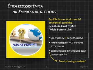  	
  	
  	
  	
  ÉTICA	
  ECOSSISTÊMICA	
  	
  
	
  	
  	
  	
  	
  	
  	
  	
  	
  	
  na	
  EMPRESA	
  DE	
  NEGÓCIOS	
  
22agosto2013	
  J.S.Furtado	
  jsfurtado2@gmail.com	
   7	
  
§ Ecoeﬁciência	
  +	
  socioeﬁciência	
  
§ Fardo	
  ecológico,	
  ACV	
  	
  e	
  outras	
  
ferramentas	
  
§ Bens	
  tangíveis	
  e	
  intangíveis	
  para	
  
todas	
  as	
  partes	
  
Equilíbrio	
  econômico	
  social	
  
ambiental:	
  caminho	
  
Resultado	
  Final	
  Tríplice	
  
(Triple	
  Bottom	
  Line)	
  
Possível	
  ou	
  ingenuidade?	
  
Não	
  há	
  Planeta	
  B	
  
 