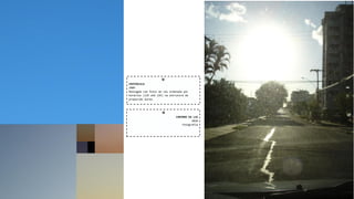 
CREPÚSCULO
2009
Montagem com fotos do céu ordenada por
horários (12h até 22h) na estrutura da
proporção áurea.


CAMINHO DA LUZ
2010
Fotografia

 