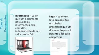  Informativo - Valor
que um documento
possui pelas
informações nele
contidas,
independente de seu
valor probatório.
Legal - Valor um
fato ou constituir
um direito.
processual que um
documento possui
perante a lei para
comprovar
Tiposde
Documentos
JC
 
