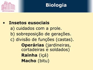 Insetos eusociais   a) cuidados com a prole.   b) sobreposição de gerações.   c) divisão de funções (castas). Operárias  (jardineiras,  cortadeiras e soldados) Rainha  (içá) Macho  (bitu) Biologia 