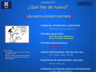 Joomla v3.0

                                                Less CSS wtf!!!
                                                              = Menos CSS                            http://lesscss.org/



¿Qué hace?                                                         Compiladores:
Da un funcionamiento dinámico al CSS
                                                                   ● SimpLess
                                                                         http://wearekiss.com/simpless
¿Cómo?
                                                                   ●   LessPHP
                                                                         http://leafo.net/lessphp/
Uso de Javascript por el lado del servidor con
                                                                   ●   Less.APP para Mac
node.js y Rhino y por el lado del cliente con less.js                    http://incident57.com/less/

                                                                   Sitio de Rhino
Características:                                                   https://developer.mozilla.org/en-US/docs/Rhino
●   Variables
       Ejemplo: @variable: valor;
●   Funciones predefinidas
       Ejemplos: lighten(@color, 30%); darken(@color, 30%);
●   Mixins
       .rounded-corners (@radius: 5px) {
              border-radius: @radius;
              -webkit-border-radius: @radius;
              -moz-border-radius: @radius;
       }
       #header {
              .rounded-corners;
       }
       #footer {
              .rounded-corners(10px);
       }
●   Operaciones matemáticas
 