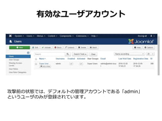 有効なユーザアカウント
攻撃前の状態では、デフォルトの管理アカウントである「admin」
というユーザのみが登録されています。
 