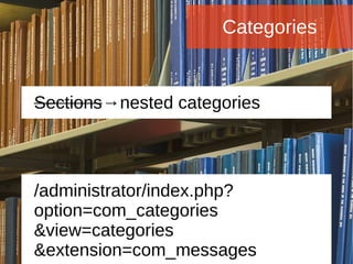 Categories
/administrator/index.php?
option=com_categories
&view=categories
&extension=com_messages
Sections→nested categories
 