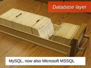 Database layer
MySQL, now also Microsoft MSSQL
 