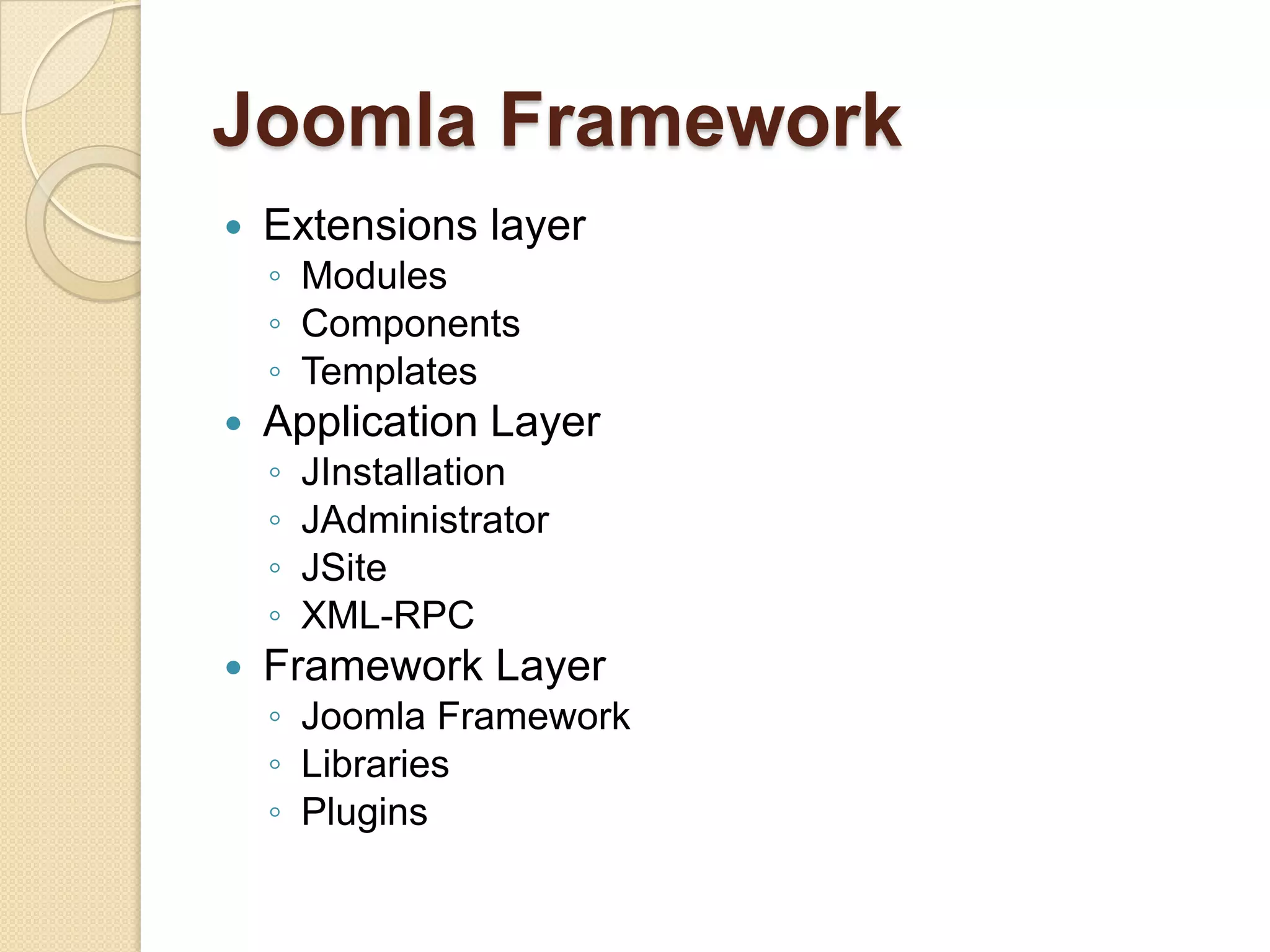Joomla FrameworkExtensions layerModulesComponentsTemplatesApplication LayerJInstallationJAdministratorJSiteXML-RPCFramework LayerJoomla FrameworkLibrariesPlugins