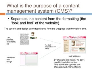 What is the purpose of a content management system (CMS)? Separates the content from the formatting (the “look and feel” of the website) The content and design come together to form the webpage that the visitors see. By changing the design, we don’t need to touch the content. This makes site updates and changes much more efficient. Text, pictures,  documents, etc Site layout and design Live web page The CMS merges them “on the fly” 