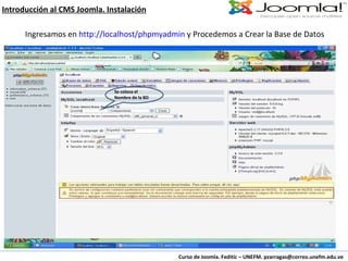 Curso de Joomla. Feditic – UNEFM. pzarragas@correo.unefm.edu.ve Introducción al CMS Joomla. Instalación Ingresamos en  http://localhost/phpmyadmin  y Procedemos a Crear la Base de Datos Se coloca el Nombre de la BD 