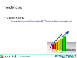 Tendências

• Google Insights
   – http://www.google.com/insights/search/#geo=BR-PR&q=joomla,drupal,wordpress&cmpt=q




                  8 | Internal use only
 