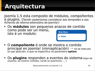 Arquitectura Joomla 1.5 esta composto de módulos, compoñentes e plugins. ( Tamén poderíamos considerar aos  templates  e aos  ficheiros de idioma  extensións de Joomla!) Os  módulo s  son pequenos anacos de contido como pode ser un menú,  isto é un modulo: O  compoñente  é onde se mostra o contido principal en Joomla! (miniaplicación)  ->  só se executa un por petición, o que se especifica no parámetro  option Os  plugin s  responden a eventos do sistema  (login de usuarios, ao mostrar contidos, cando se autentican, ... ) 