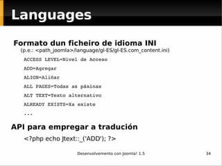 Formato dun ficheiro de idioma INI (p.e.: <path_joomla>/language/gl-ES/gl-ES.com_content.ini) ACCESS LEVEL=Nivel de Acceso ADD=Agregar ALIGN=Aliñar ALL PAGES=Todas as páxinas ALT TEXT=Texto alternativo ALREADY EXISTS=Xa existe ... API para empregar a tradución <?php echo Jtext::_('ADD'); ?> Languages 