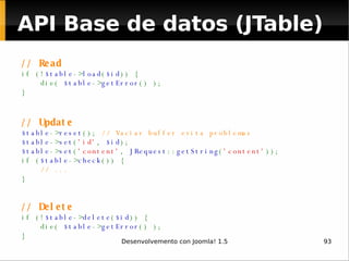 // Read if (! $table -> load ( $id )) {     die(  $table -> getError () ); } // Update $table -> reset ();  // Vaciar buffer evita problemas $table -> set ( 'id' ,  $id ); $table -> set ( 'content' ,  JRequest :: getString ( 'content' )); if ( $table -> check ()) {      // ... } // Delete if (! $table -> delete ( $id )) {     die(  $table -> getError () ); } API Base de datos (JTable) 