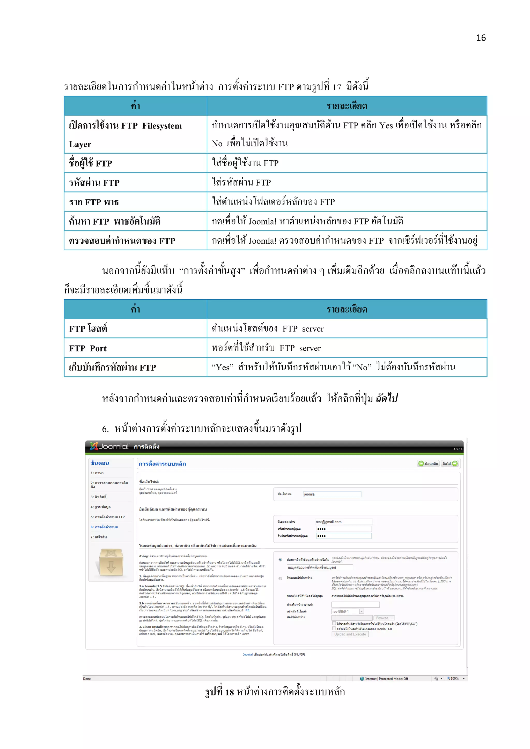 16
รายละเอียดในการกาหนดค่าในหน้าต่าง การตั้งค่าระบบ FTP ตามรูปที่ 17 มีดังนี้
ค่า รายละเอียด
เปิดการใช้งาน FTP Filesystem
Layer
กาหนดการเปิดใช้งานคุณสมบัติด้าน FTP คลิก Yes เพื่อเปิดใช้งาน หรือคลิก
No เพื่อไม่เปิดใช้งาน
ชื่อผู้ใช้ FTP ใส่ชื่อผู้ใช้งาน FTP
รหัสผ่าน FTP ใส่รหัสผ่าน FTP
ราก FTP พาธ ใส่ตาแหน่งโฟลเดอร์หลักของ FTP
ค้นหา FTP พาธอัตโนมัติ กดเพื่อให้ Joomla! หาตาแหน่งหลักของ FTP อัตโนมัติ
ตรวจสอบค่ากาหนดของ FTP กดเพื่อให้ Joomla! ตรวจสอบค่ากาหนดของ FTP จากเซิร์ฟเวอร์ที่ใช้งานอยู่
นอกจากนี้ยังมีแท็บ “การตั้งค่าขั้นสูง” เพื่อกาหนดค่าต่าง ๆ เพิ่มเติมอีกด้วย เมื่อคลิกลงบนแท๊บนี้แล้ว
ก็จะมีรายละเอียดเพิ่มขึ้นมาดังนี้
ค่า รายละเอียด
FTP โฮสต์ ตาแหน่งโฮสต์ของ FTP server
FTP Port พอร์ตที่ใช้สาหรับ FTP server
เก็บบันทึกรหัสผ่าน FTP “Yes” สาหรับให้บันทึกรหัสผ่านเอาไว้“No” ไม่ต้องบันทึกรหัสผ่าน
หลังจากกาหนดค่าและตรวจสอบค่าที่กาหนดเรียบร้อยแล้ว ให้คลิกที่ปุ่ม ถัดไป
6. หน้าต่างการตั้งค่าระบบหลักจะแสดงขึ้นมราดังรูป
รูปที่ 18 หน้าต่างการติดตั้งระบบหลัก
 