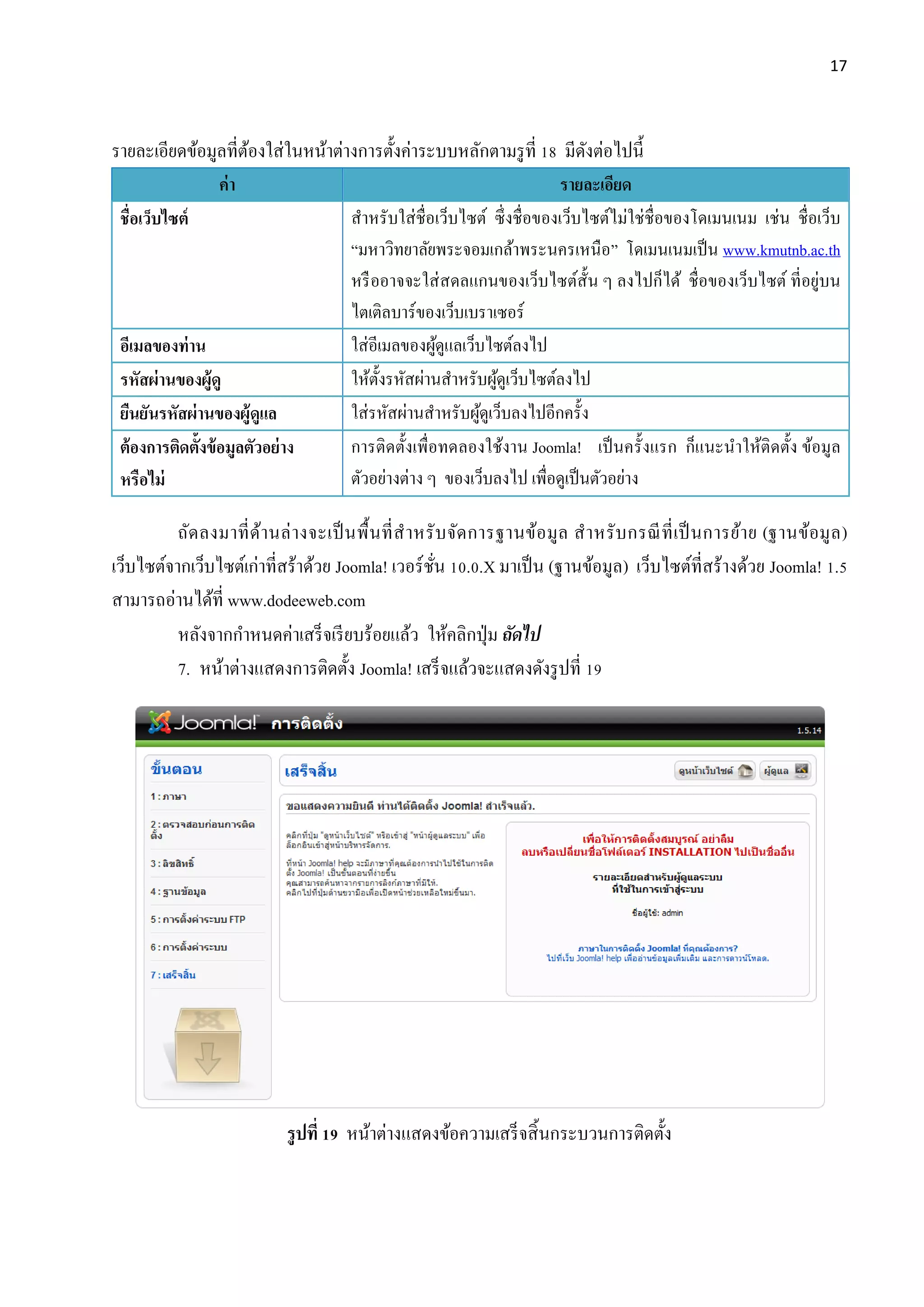 17
รายละเอียดข้อมูลที่ต้องใส่ในหน้าต่างการตั้งค่าระบบหลักตามรูที่ 18 มีดังต่อไปนี้
ค่า รายละเอียด
ชื่อเว็บไซต์ สาหรับใส่ชื่อเว็บไซต์ ซึ่งชื่อของเว็บไซต์ไม่ใช่ชื่อของโดเมนเนม เช่น ชื่อเว็บ
“มหาวิทยาลัยพระจอมเกล้าพระนครเหนือ” โดเมนเนมเป็น www.kmutnb.ac.th
หรืออาจจะใส่สดลแกนของเว็บไซต์สั้น ๆ ลงไปก็ได้ ชื่อของเว็บไซต์ ที่อยู่บน
ไตเติลบาร์ของเว็บเบราเซอร์
อีเมลของท่าน ใส่อีเมลของผู้ดูแลเว็บไซต์ลงไป
รหัสผ่านของผู้ดู ให้ตั้งรหัสผ่านสาหรับผู้ดูเว็บไซต์ลงไป
ยืนยันรหัสผ่านของผู้ดูแล ใส่รหัสผ่านสาหรับผู้ดูเว็บลงไปอีกครั้ง
ต้องการติดตั้งข้อมูลตัวอย่าง
หรือไม่
การติดตั้งเพื่อทดลองใช้งาน Joomla! เป็นครั้งแรก ก็แนะนาให้ติดตั้ง ข้อมูล
ตัวอย่างต่าง ๆ ของเว็บลงไป เพื่อดูเป็นตัวอย่าง
ถัดลงมาที่ด้านล่างจะเป็นพื้นที่สาหรับจัดการฐานข้อมูล สาหรับกรณีที่เป็นการย้าย (ฐานข้อมูล)
เว็บไซต์จากเว็บไซต์เก่าที่สร้าด้วย Joomla! เวอร์ชั่น 10.0.X มาเป็น (ฐานข้อมูล) เว็บไซต์ที่สร้างด้วย Joomla! 1.5
สามารถอ่านได้ที่ www.dodeeweb.com
หลังจากกาหนดค่าเสร็จเรียบร้อยแล้ว ให้คลิกปุ่ม ถัดไป
7. หน้าต่างแสดงการติดตั้ง Joomla! เสร็จแล้วจะแสดงดังรูปที่ 19
รูปที่ 19 หน้าต่างแสดงข้อความเสร็จสิ้นกระบวนการติดตั้ง
 