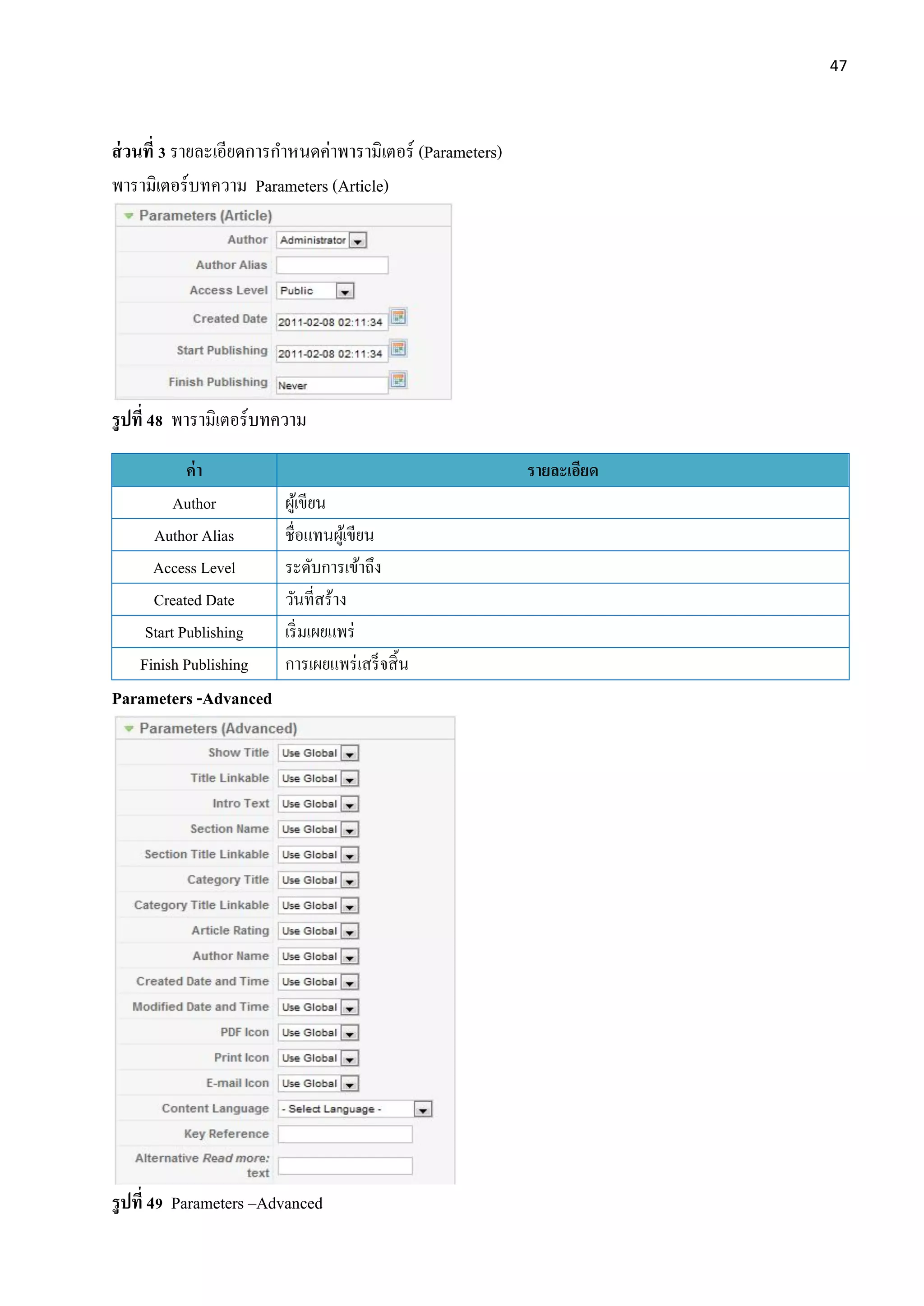 47
ส่วนที่ 3 รายละเอียดการกาหนดค่าพารามิเตอร์ (Parameters)
พารามิเตอร์บทความ Parameters (Article)
รูปที่ 48 พารามิเตอร์บทความ
ค่า รายละเอียด
Author ผู้เขียน
Author Alias ชื่อแทนผู้เขียน
Access Level ระดับการเข้าถึง
Created Date วันที่สร้าง
Start Publishing เริ่มเผยแพร่
Finish Publishing การเผยแพร่เสร็จสิ้น
Parameters -Advanced
รูปที่ 49 Parameters –Advanced
 