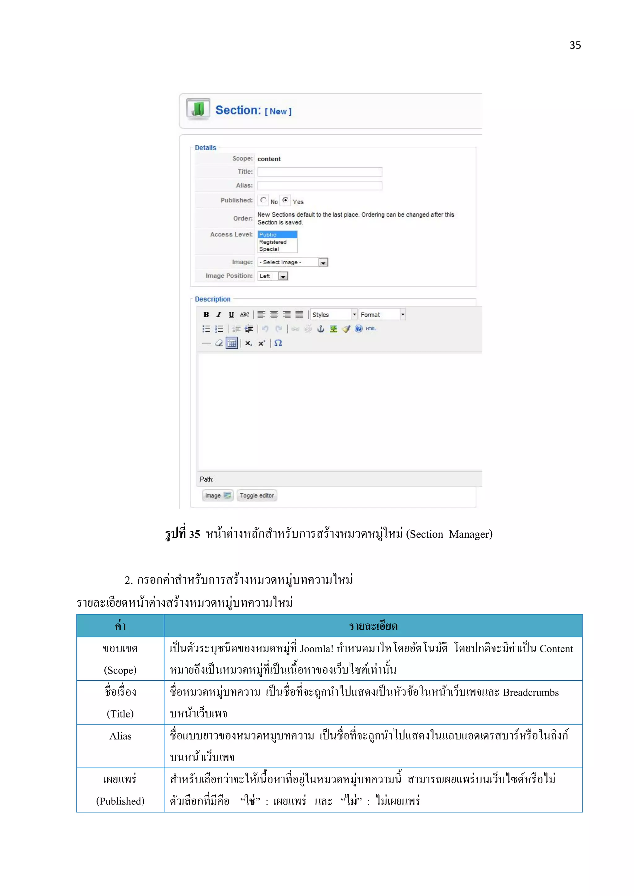 35
รูปที่ 35 หน้าต่างหลักสาหรับการสร้างหมวดหมู่ใหม่ (Section Manager)
2. กรอกค่าสาหรับการสร้างหมวดหมู่บทความใหม่
รายละเอียดหน้าต่างสร้างหมวดหมู่บทความใหม่
ค่า รายละเอียด
ขอบเขต
(Scope)
เป็นตัวระบุชนิดของหมดหมู่ที่ Joomla! กาหนดมาใหโดยอัตโนมัติ โดยปกติจะมีค่าเป็น Content
หมายถึงเป็นหมวดหมู่ที่เป็นเนื้อหาของเว็บไซต์เท่านั้น
ชื่อเรื่อง
(Title)
ชื่อหมวดหมู่บทความ เป็นชื่อที่จะถูกนาไปแสดงเป็นหัวข้อในหน้าเว็บเพจและ Breadcrumbs
บหน้าเว็บเพจ
Alias ชื่อแบบยาวของหมวดหมูบทความ เป็นชื่อที่จะถูกนาไปแสดงในแถบแอดเดรสบาร์หรือในลิงก์
บนหน้าเว็บเพจ
เผยแพร่
(Published)
สาหรับเลือกว่าจะให้เนื้อหาที่อยู่ในหมวดหมู่บทความนี้ สามารถเผยแพร่บนเว็บไซต์หรือไม่
ตัวเลือกที่มีคือ “ใช่” : เผยแพร่ และ “ไม่” : ไม่เผยแพร่
 