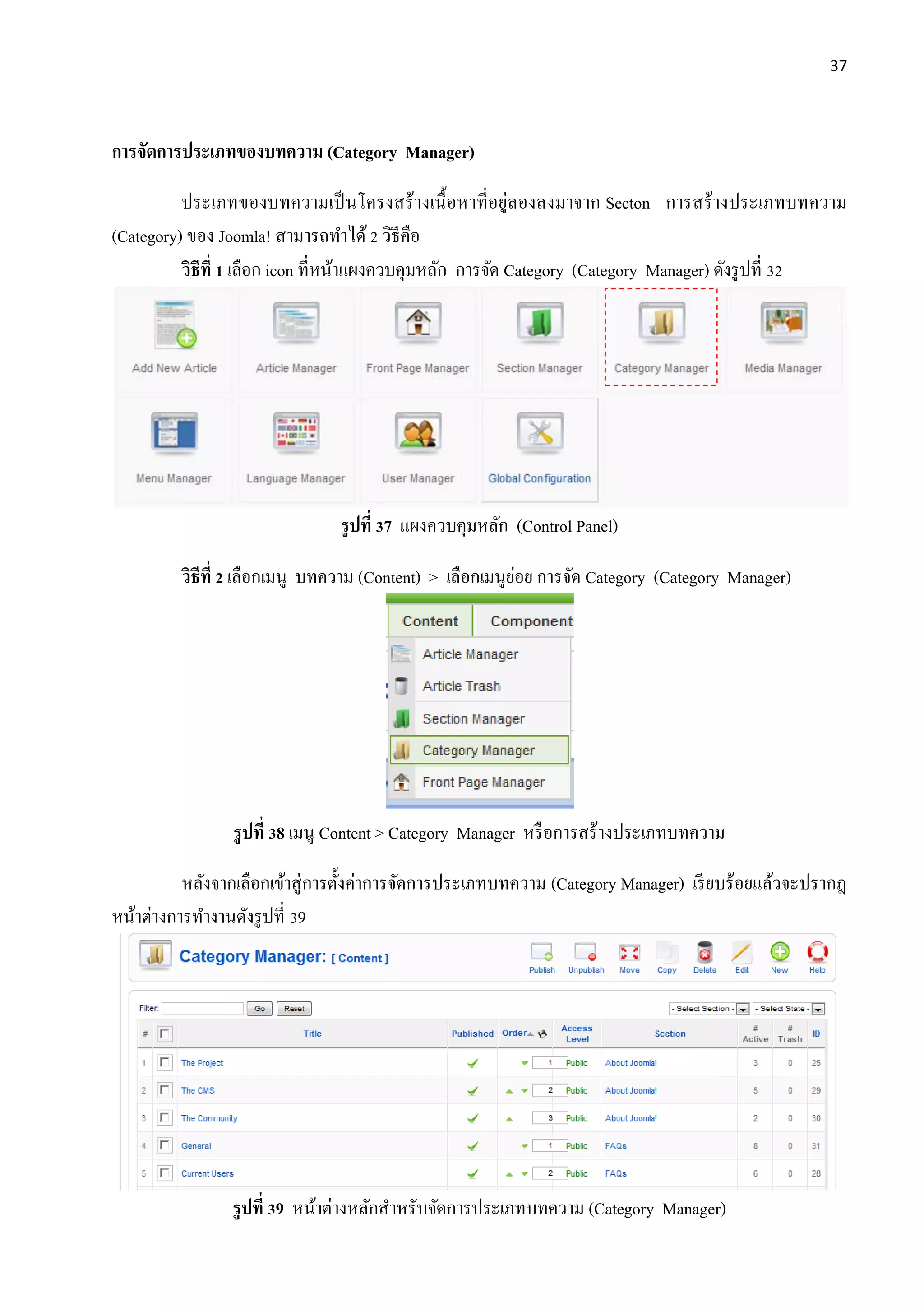 37
การจัดการประเภทของบทความ (Category Manager)
ประเภทของบทความเป็นโครงสร้างเนื้อหาที่อยู่ลองลงมาจาก Secton การสร้างประเภทบทความ
(Category) ของ Joomla! สามารถทาได้2 วิธีคือ
วิธีที่ 1 เลือก icon ที่หน้าแผงควบคุมหลัก การจัด Category (Category Manager) ดังรูปที่ 32
รูปที่ 37 แผงควบคุมหลัก (Control Panel)
วิธีที่ 2 เลือกเมนู บทความ (Content) > เลือกเมนูย่อย การจัด Category (Category Manager)
รูปที่ 38 เมนู Content > Category Manager หรือการสร้างประเภทบทความ
หลังจากเลือกเข้าสู่การตั้งค่าการจัดการประเภทบทความ (Category Manager) เรียบร้อยแล้วจะปรากฎ
หน้าต่างการทางานดังรูปที่ 39
รูปที่ 39 หน้าต่างหลักสาหรับจัดการประเภทบทความ (Category Manager)
 