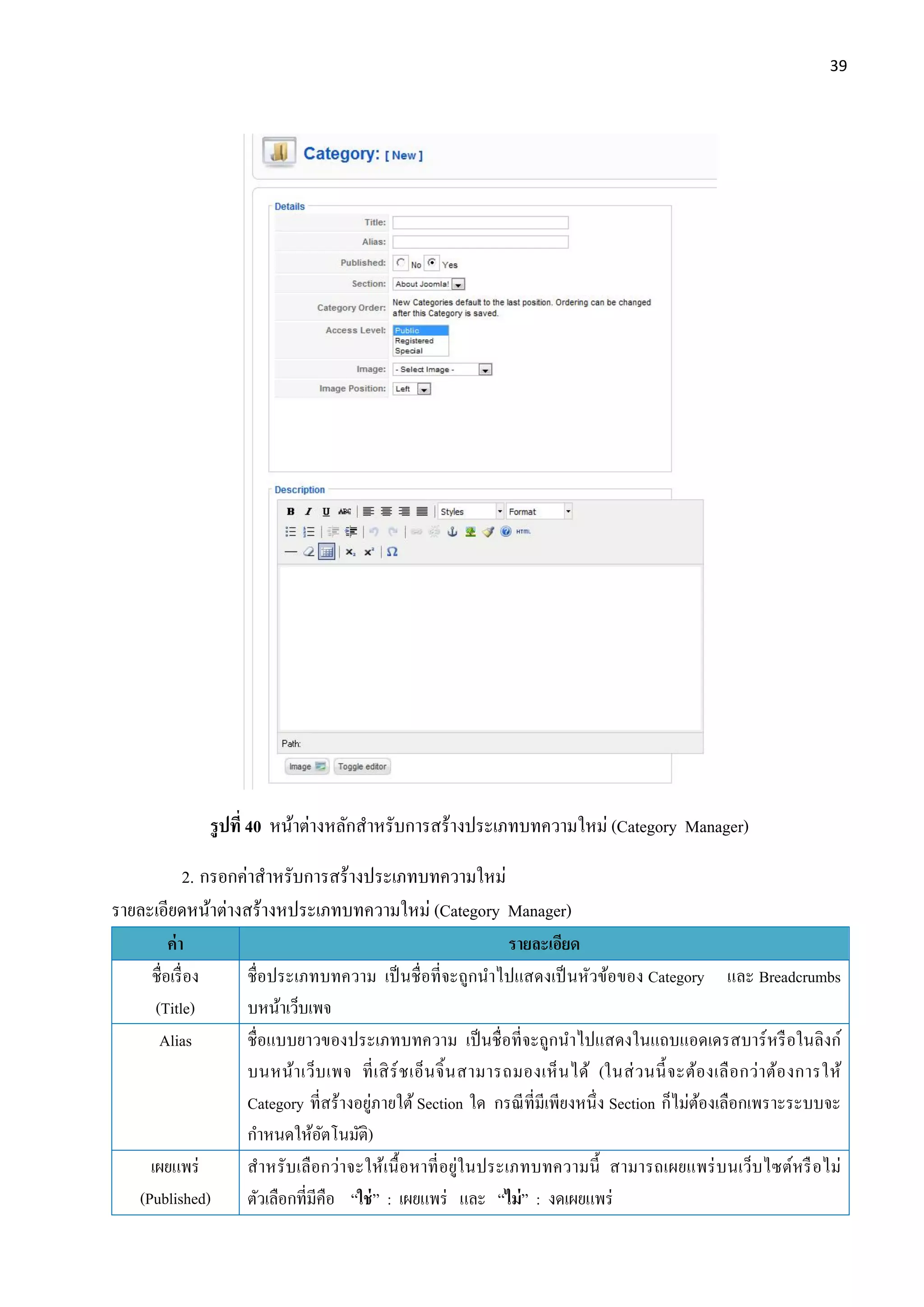 39
รูปที่ 40 หน้าต่างหลักสาหรับการสร้างประเภทบทความใหม่ (Category Manager)
2. กรอกค่าสาหรับการสร้างประเภทบทความใหม่
รายละเอียดหน้าต่างสร้างหประเภทบทความใหม่ (Category Manager)
ค่า รายละเอียด
ชื่อเรื่อง
(Title)
ชื่อประเภทบทความ เป็นชื่อที่จะถูกนาไปแสดงเป็นหัวข้อของ Category และ Breadcrumbs
บหน้าเว็บเพจ
Alias ชื่อแบบยาวของประเภทบทความ เป็นชื่อที่จะถูกนาไปแสดงในแถบแอดเดรสบาร์หรือในลิงก์
บนหน้าเว็บเพจ ที่เสิร์ชเอ็นจิ้นสามารถมองเห็นได้ (ในส่วนนี้จะต้องเลือกว่าต้องการให้
Category ที่สร้างอยู่ภายใต้ Section ใด กรณีที่มีเพียงหนึ่ง Section ก็ไม่ต้องเลือกเพราะระบบจะ
กาหนดให้อัตโนมัติ)
เผยแพร่
(Published)
สาหรับเลือกว่าจะให้เนื้อหาที่อยู่ในประเภทบทความนี้ สามารถเผยแพร่บนเว็บไซต์หรือไม่
ตัวเลือกที่มีคือ “ใช่” : เผยแพร่ และ “ไม่” : งดเผยแพร่
 