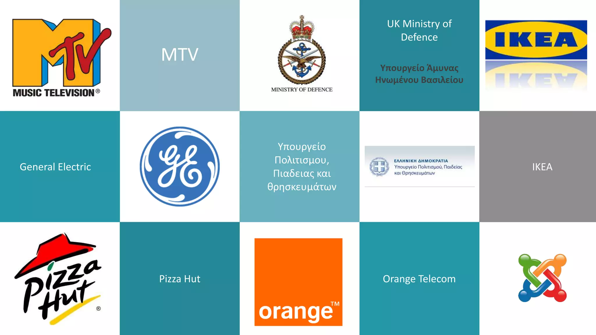 MTV
UK Ministry of
Defence
Υπουργείο Άμυνας
Ηνωμένου Βασιλείου
Υπουργείο
Πολιτισμου,
Πιαδειας και
θρησκευμάτων
General Electric IKEA
Orange TelecomPizza Hut
 